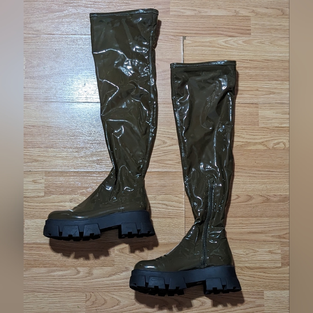 Aldo Vinyl Over the Knee Boots 7.5 Dark Green Rare Style